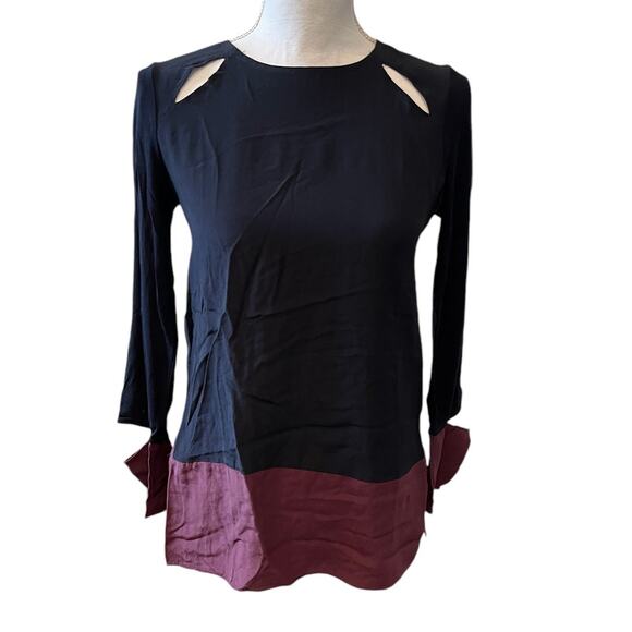 Bailey 44 Silk Color Block Long Sleeve Top Navy Maroon XS - Picture 1 of 6